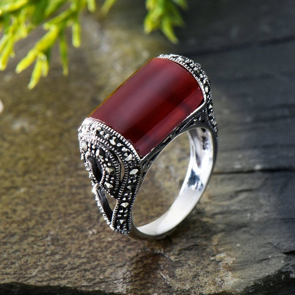New Gorgeous 925 Silver Marcasite Carnelian Ring